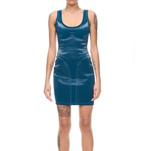 NWT MUGLER TEAL GLOSSY EMBOSSED BODYCON DRESS SZ 38